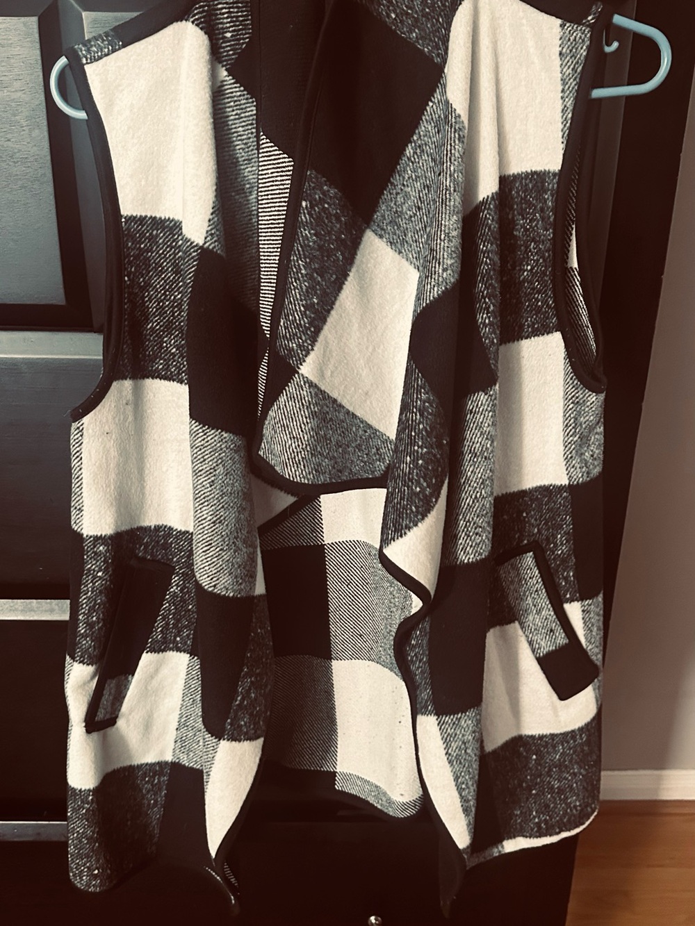 Black and White Buffalo Plaid Open-Front Women's Sweater Vest